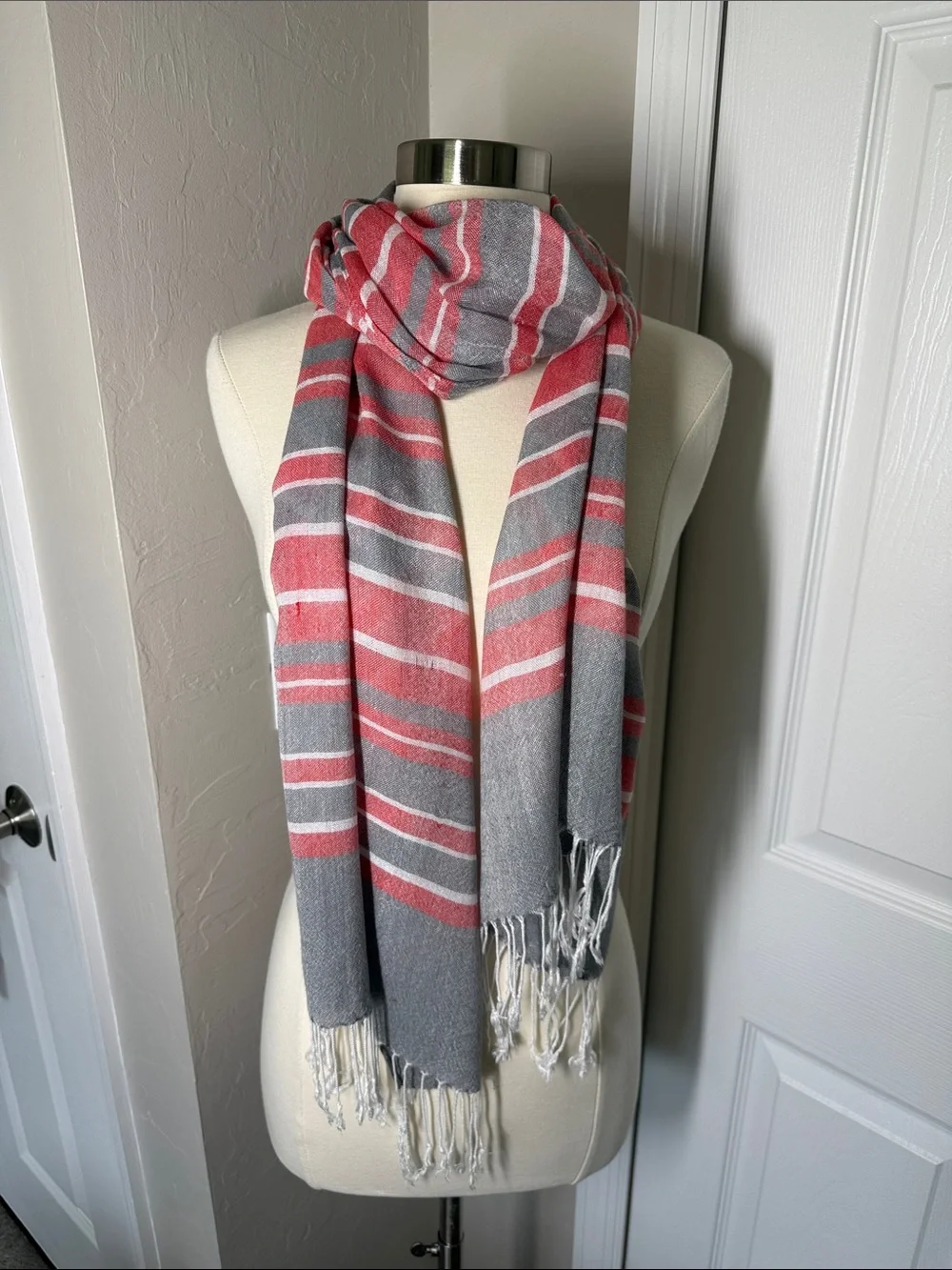 Striped cotton scarf gray, red, and white with fringe beachy, coastal, preppy